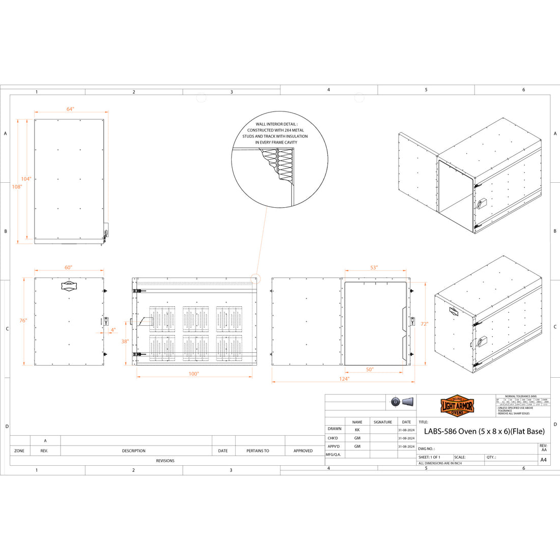 LABS-586 powder coat oven technical drawing with dimensions