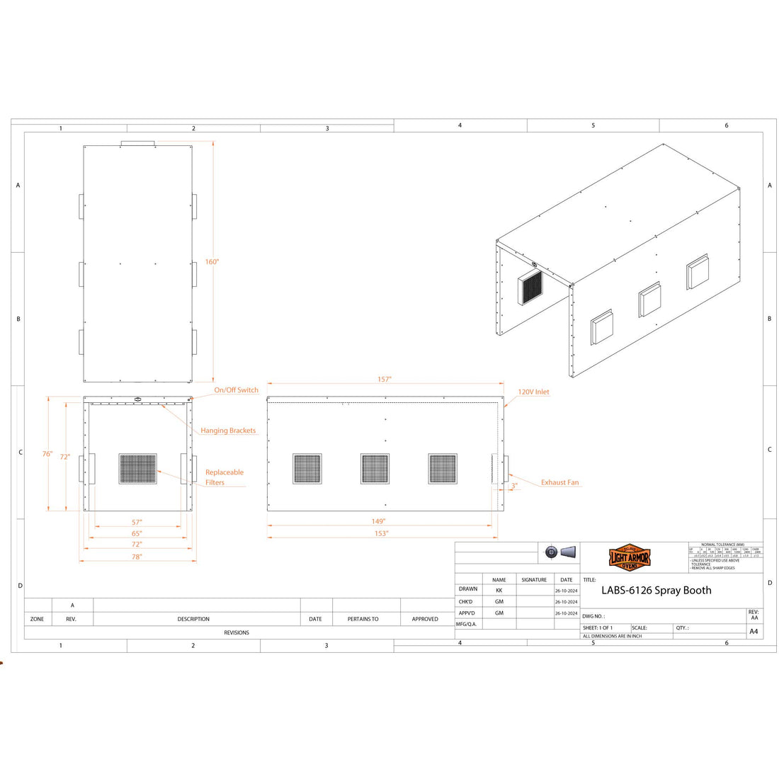 LABS-6126 spray booth dimensional drawing (6 x 12 x 6)