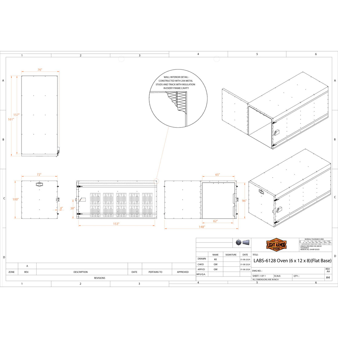 LABS-6128 powder coat oven dimensional drawing (6 x 12 x 8)