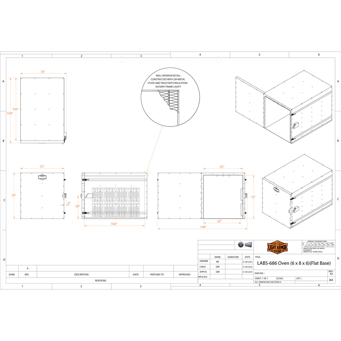 LABS-686 powder coat oven dimensional drawing (6 x 8 x 6)