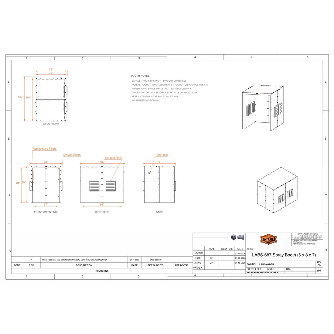 LABS-687 spray booth dimensional drawing (6 x 8 x 7)