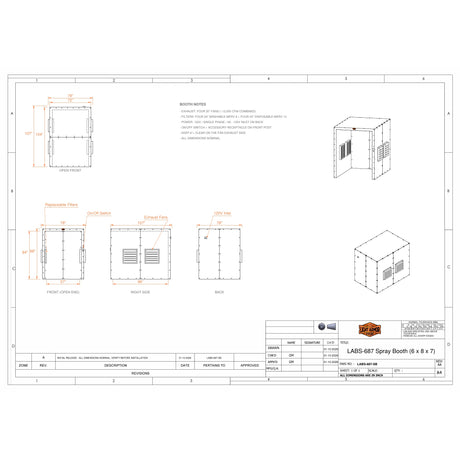 LABS-687 spray booth dimensional drawing (6 x 8 x 7)