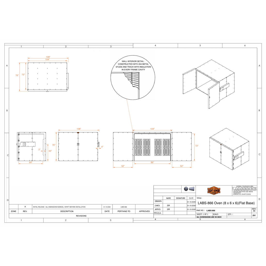LABS-866 powder coat oven dimensional drawing (8 x 6 x 6)