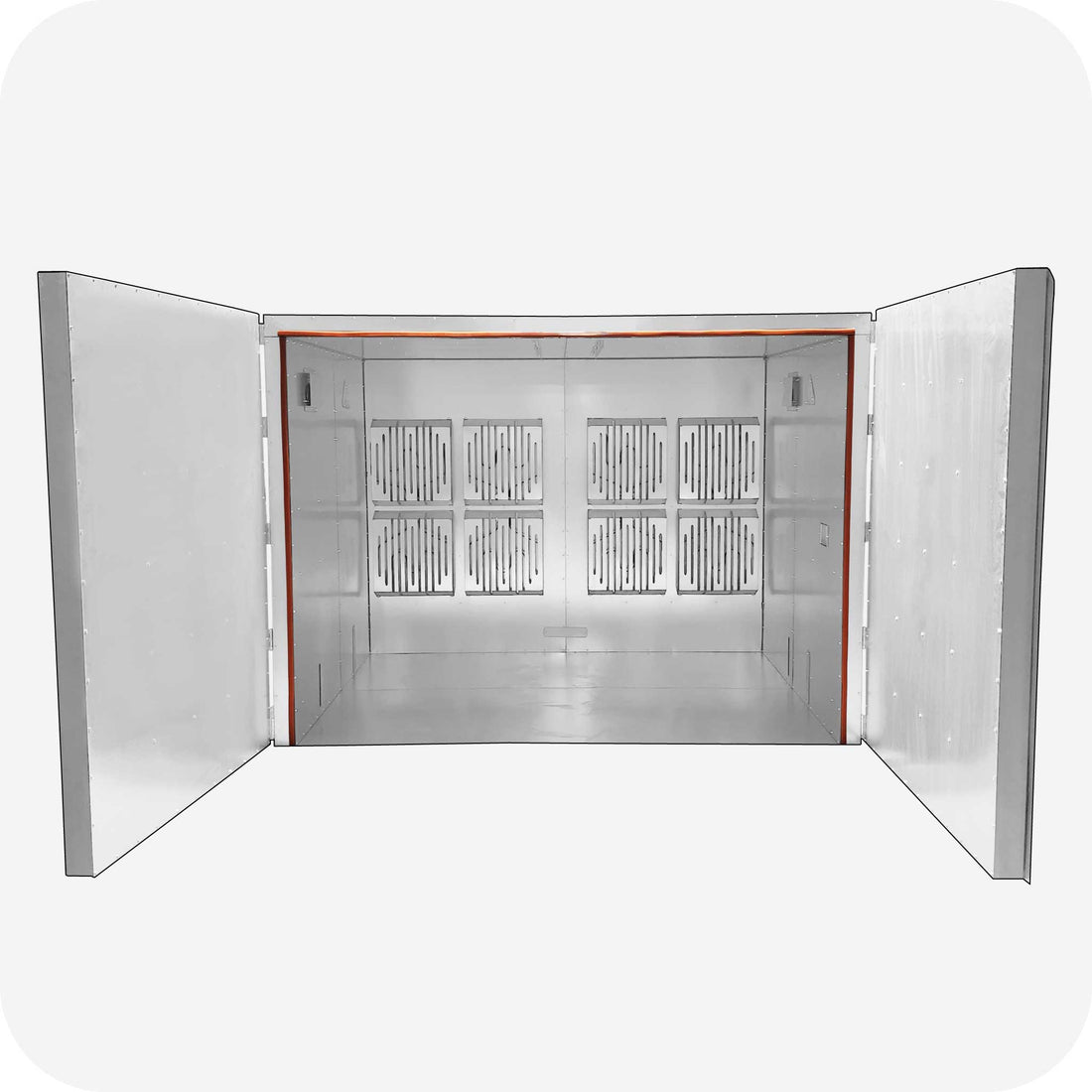 8' wide LABS double-door powder coat oven (LABS-866 shown), doors open