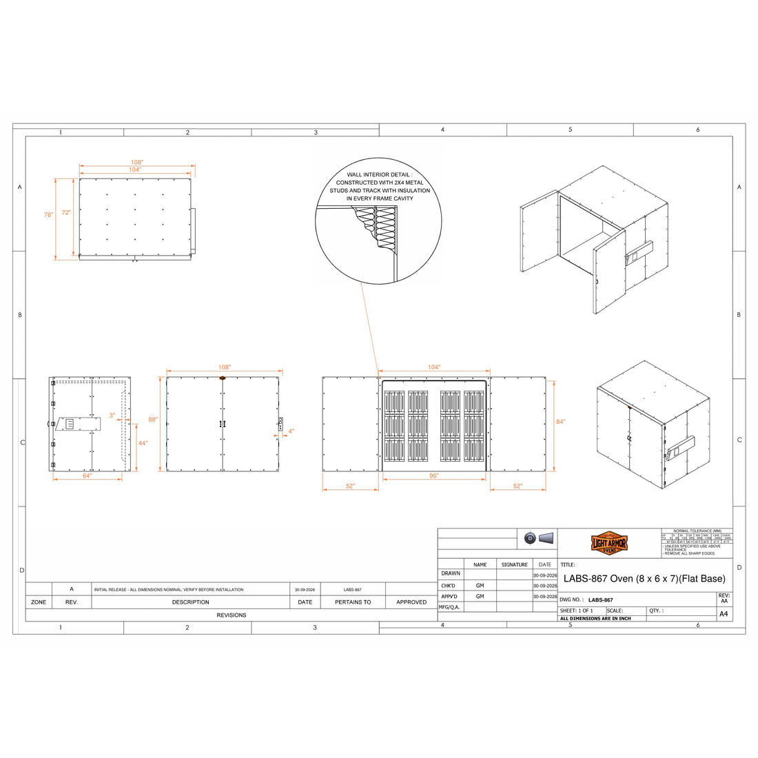 LABS-867 powder coat oven dimensional drawing (8 x 6 x 7)
