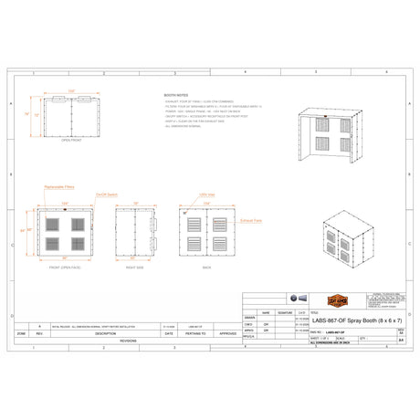 LABS-867-OF open face spray booth dimensional drawing (8 x 6 x 7)