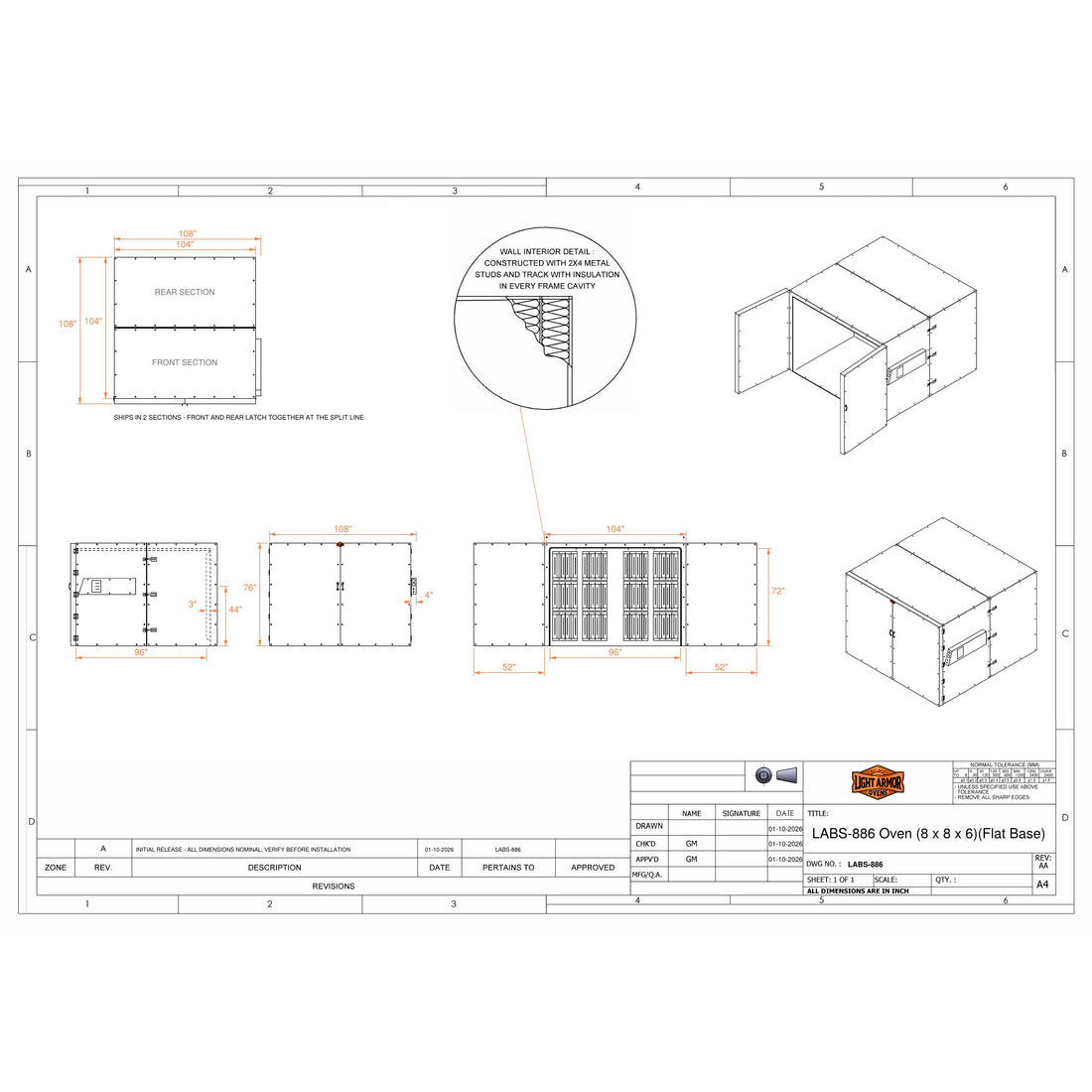 LABS-886 powder coat oven dimensional drawing (8 x 8 x 6)