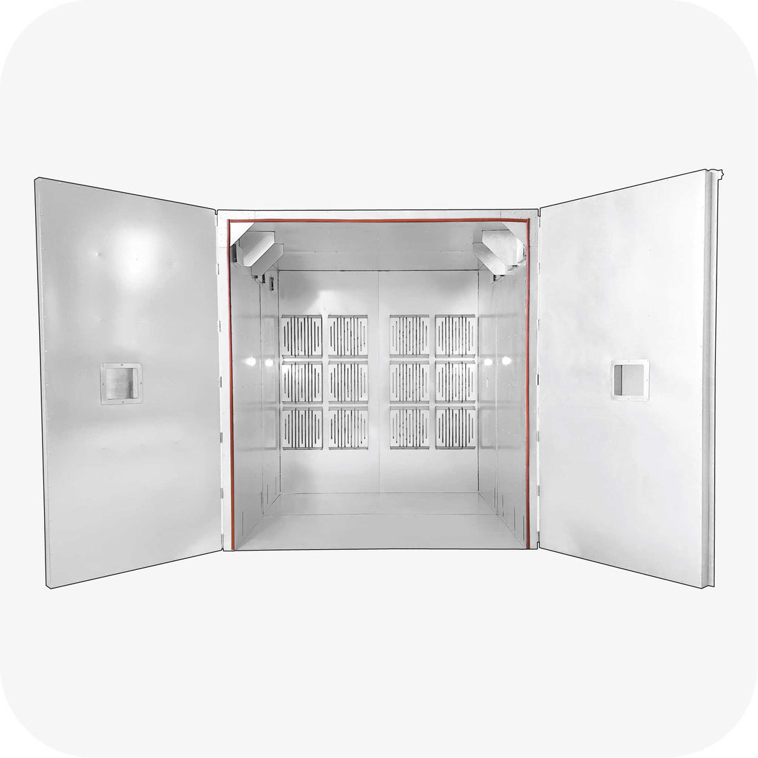 Light Armor 8 ft wide batch powder coat oven opened, showing the interior