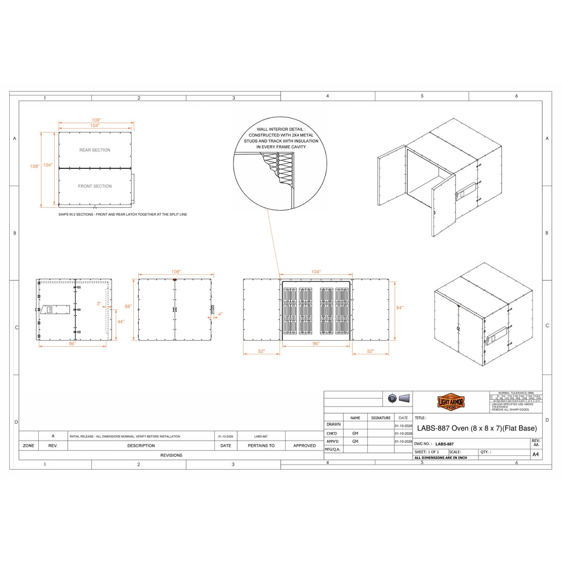 LABS-887 powder coat oven dimensional drawing (8 x 8 x 7)
